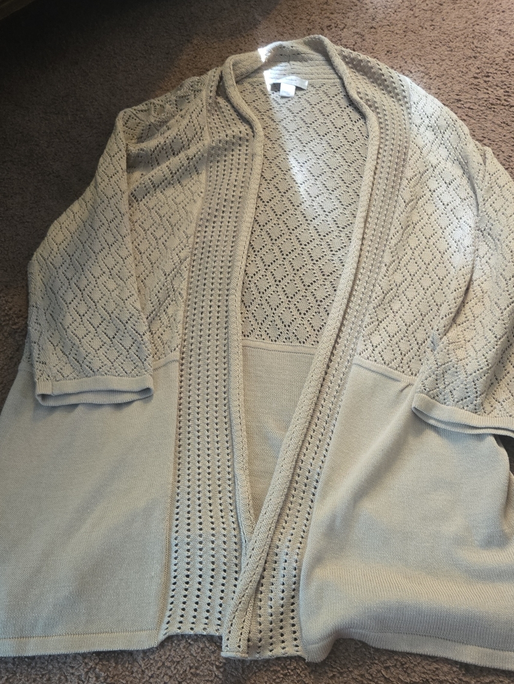 CJ Banks Open-Front Lightweight Knit Crochet Cardigan - Cream Cotton Blend
